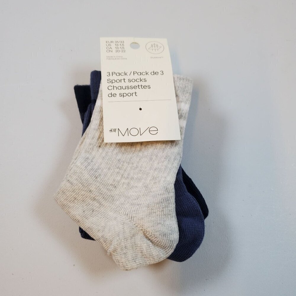 H&M Move 3-Pack Sport Socks Mid-Calf Cotton Blend Casual 13-1.5 NWT Assorted